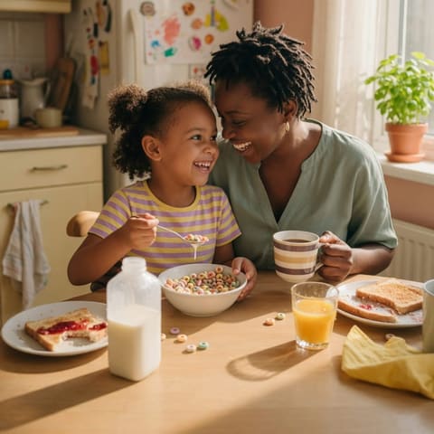 A happy young child and a caring parent smiling together at a sunlit kitchen table